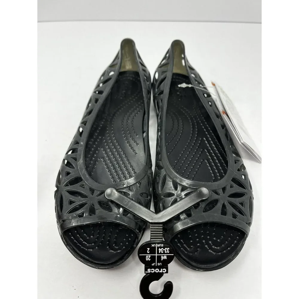 Crocs Comfort Casual Cut Out Peep Toe‎ Women's Black Flats Shoes  Sz 4 NWT